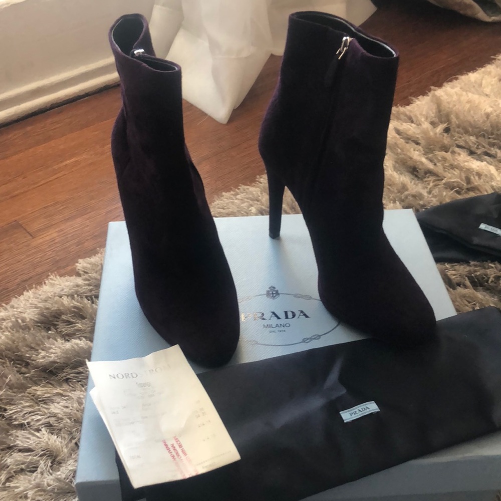 Prada bootie suede deep eggplant color super comfy